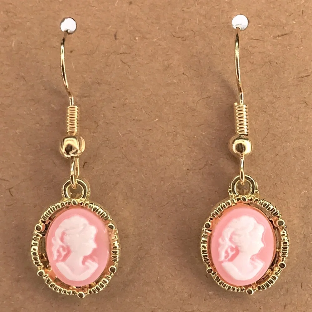Gold and Pink Cameo Earrings Fashion Jewelry Fashion Jewelry - Picture 3 of 4